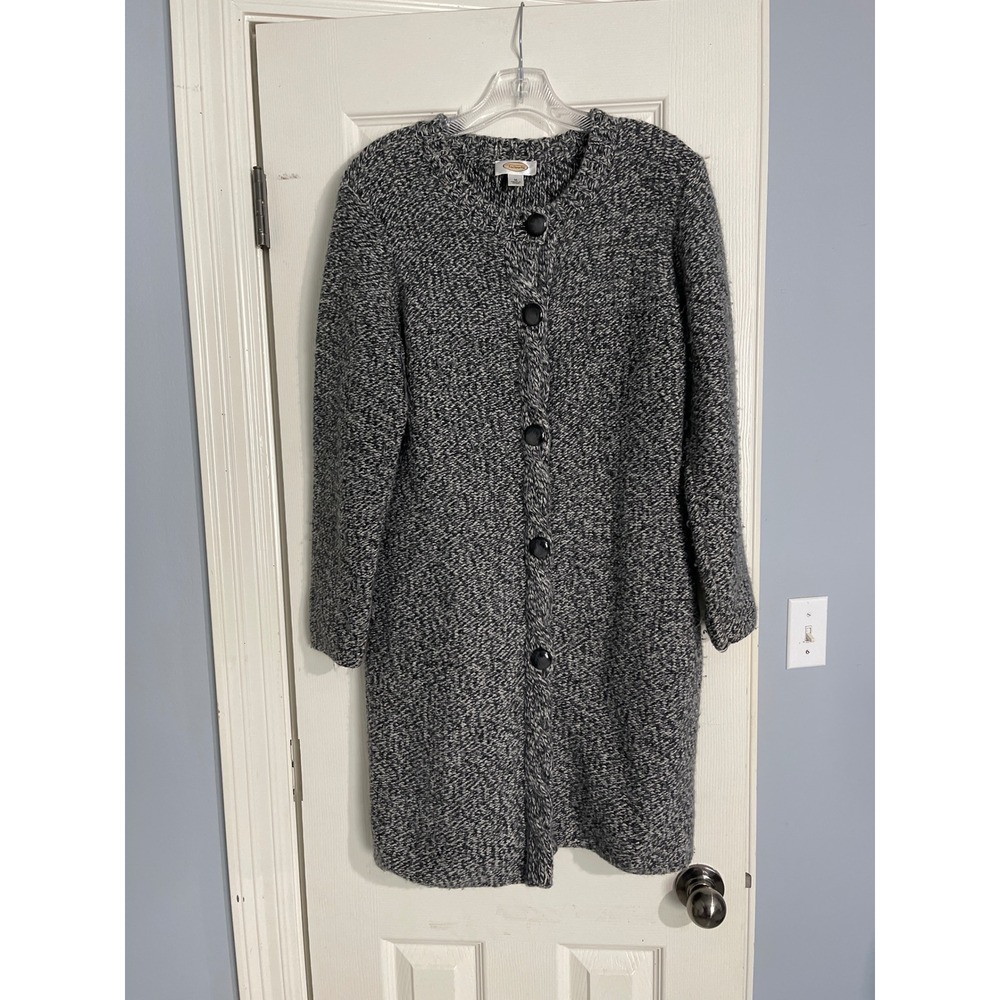 Talbots Womens Long Cardigan Sweater Jacket Black White Lambs Wool Angora Sz Med